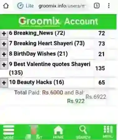 Groomix online work account monetization screenshot of Earn Money if you have writing skills, see how?